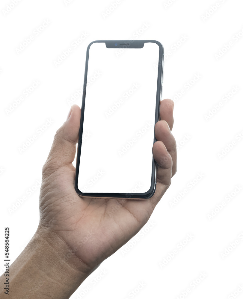 Poster hand holding mobile smart phone on white background technology, mobile phone screen mockup design on