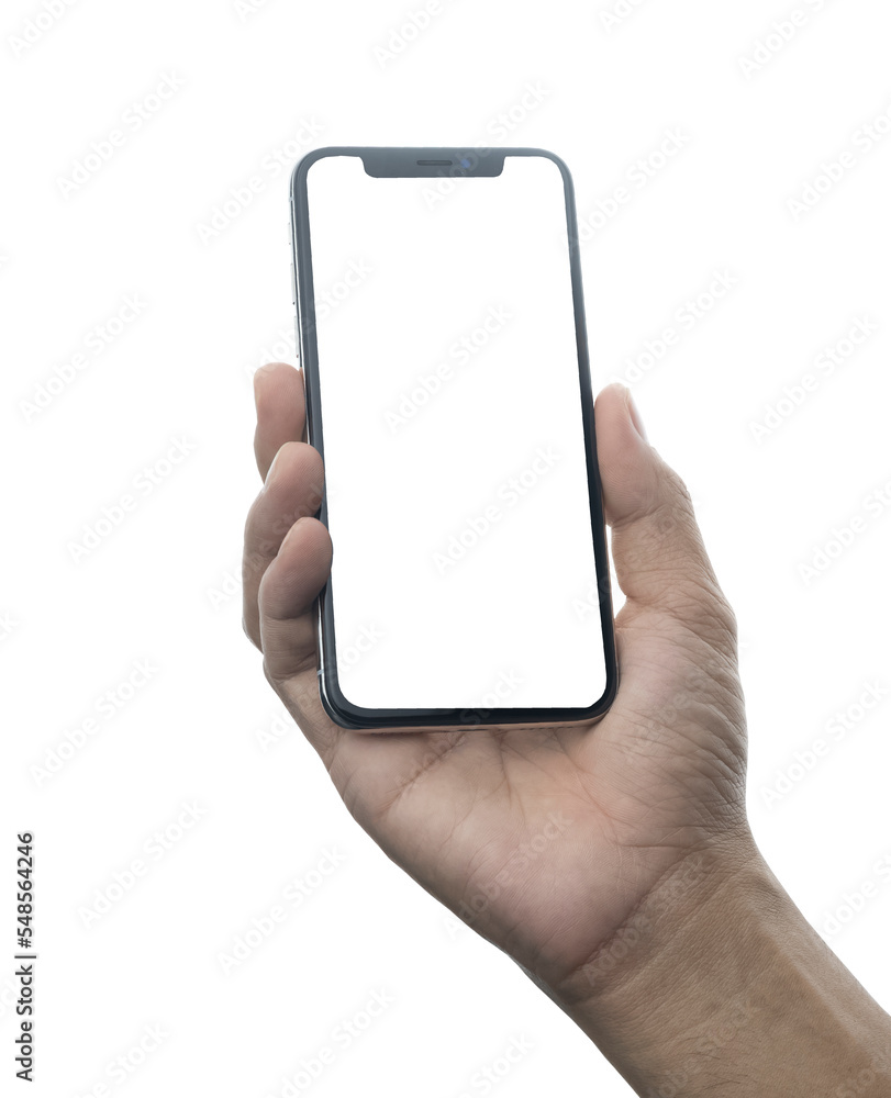 Poster hand holding mobile smart phone on white background technology, mobile phone screen mockup design on