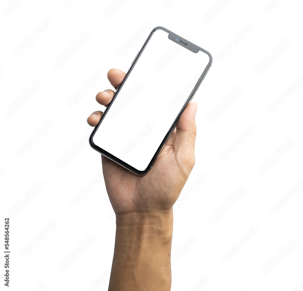 Poster hand holding mobile smart phone on white background technology, mobile phone screen mockup design on