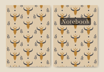 Cover with boho cow skull pattern. Magic colorful background.