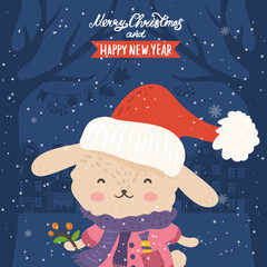 Cartoon illustration for holiday theme with happy funny rabbit on winter background with trees and snow. Greeting card for Merry Christmas and Happy New Year.Vector illustration. - 548564252