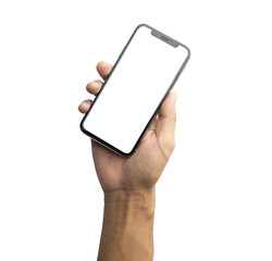 Hand holding Mobile smart phone on white background technology, Mobile phone screen mockup design on isolate with clipping path