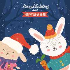 Cartoon illustration for holiday theme with  two happy funny rabbits on winter background with trees and snow. Greeting card for Merry Christmas and Happy New Year.Vector illustration. - 548564285