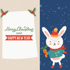 Cartoon illustration for holiday theme with happy bunny.Greeting card for Merry Christmas and Happy New Year. Vector illustration. - 548564292