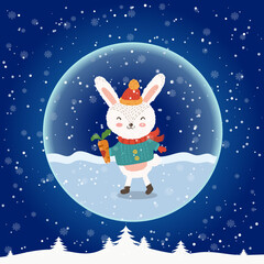 Cartoon illustration for holiday theme with happy bunny.Greeting card for Merry Christmas and Happy New Year. Vector illustration. - 548564455