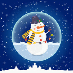 Cartoon illustration for holiday theme with happy snowman on winter background with trees and snow. Greeting card for Merry Christmas and Happy New Year.Vector illustration. - 548564458