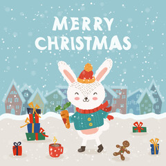 Cartoon illustration for holiday theme with happy funny rabbit on winter background with trees and snow. Greeting card for Merry Christmas and Happy New Year. Vector illustration.