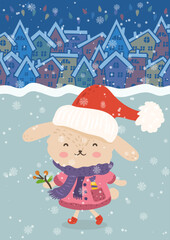 Cartoon illustration for holiday theme with happy bunny.Greeting card for Merry Christmas and Happy New Year.Vector illustration.