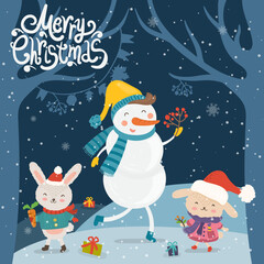 Cartoon illustration for holiday theme with snowman and two happy funny rabbits on winter background with trees and snow. Greeting card for Merry Christmas and Happy New Year. 