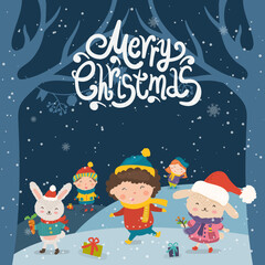 Fototapeta na wymiar Cartoon illustration for holiday theme with happy kids and two happy funny rabbits on winter background with trees and snow. Greeting card for Merry Christmas and Happy New Year. 