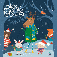 Cartoon illustration for holiday theme with elk, bear, fox and two happy funny rabbits on winter background with trees and snow. Greeting card for Merry Christmas and Happy New Year. - 548564618