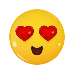 Smiling Face With Hearts. Love Emoji. Yellow glossy 3d emotion. Heart-shaped eyes. In love smile. Red hearts
