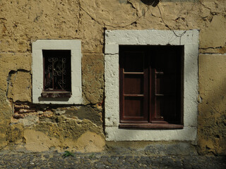 Streets of Lisbon. Traditional windows in the historic city center. Portugal.
