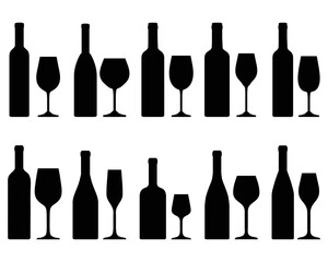 Black silhouettes of wine bottles and glasses on a white background - obrazy, fototapety, plakaty