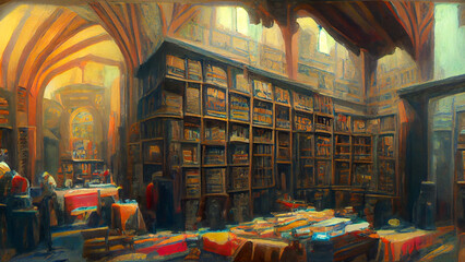Medieval library, digital illustration
