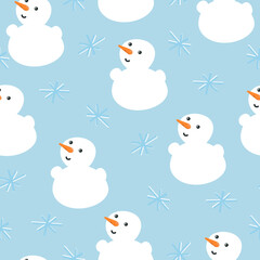 Snowmen and snowflakes on a blue background. Vector seamless pattern