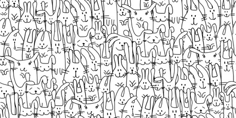 Funny Bunnies family. Seamless pattern background with Rabbits. Symbol of 2023 chineese new year. Cute characters, childish style. Colouring art. Vector illustration - 548566083