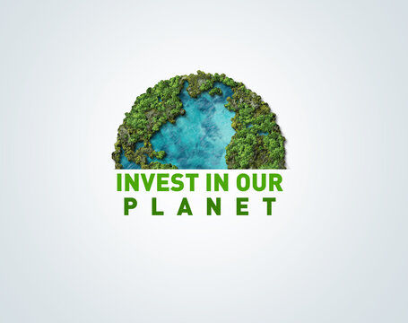 Invest in our planet. Earth day 2023 3d concept background. Ecology concept. Design with 3d globe map drawing and leaves isolated on white background. 