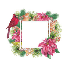 Merry Christmas and winter watercolor square frame. Pine branches, cookies, cardinal bird hand-painted in watercolor. Suitable for the design of Christmas cards, New Year's invitations.