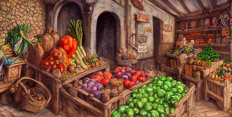 Medieval vegetable shop, digital illustration