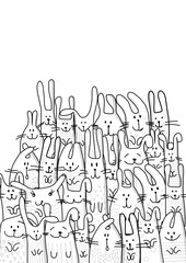 Funny Bunnies family. Rabbit - symbol of 2023 chineese new year. Chreeting card design idea. Cute characters. Colouring page design, outline style. Vector illustration