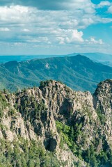 Vertical shot of the cliffs covered with green vegetation. View from Sandia Peak. Albuquerque, USA.