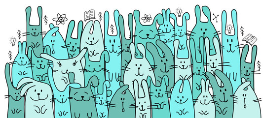 Funny Bunnies family. Rabbit - symbol of 2023 chineese new year. Chreeting card design idea. Cute characters. Vector illustration