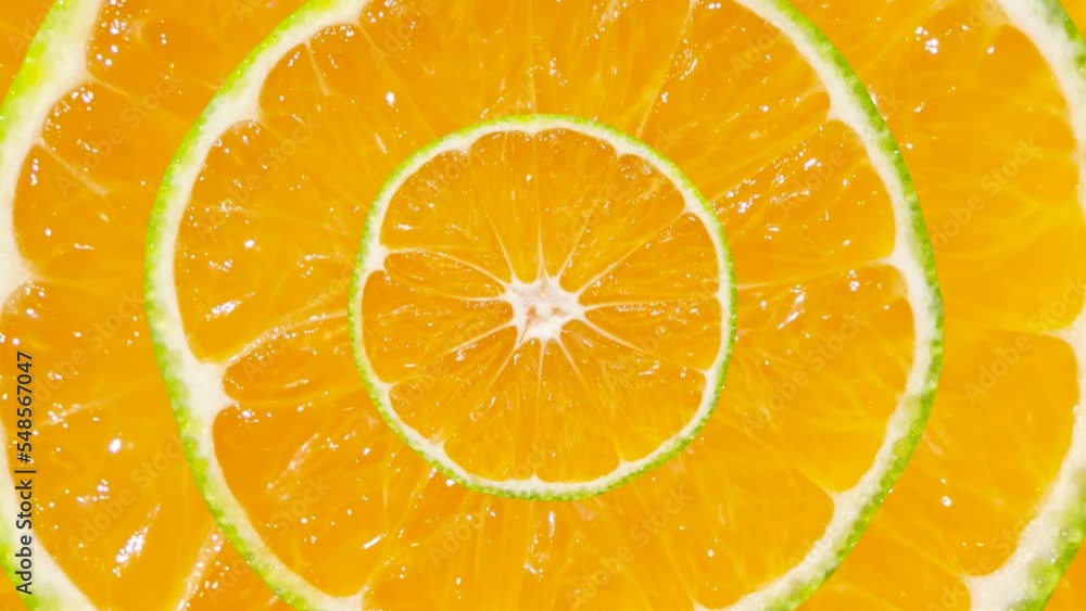 Poster zooming mandarin slices in seamless loop background. abstract background with fresh fruit. exotic fo