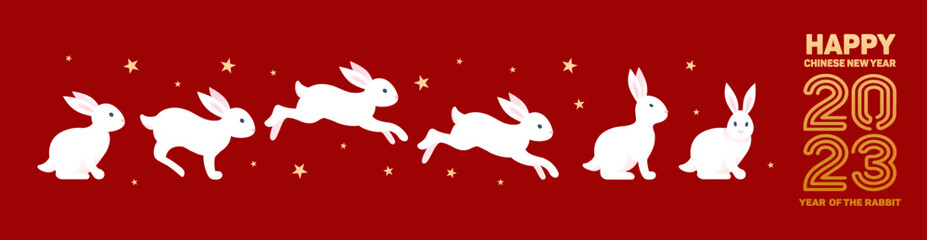 Rabbits, happy Chinese New Year 2023. Bright vector banner with golden pattern on red background, starry sky. Asian style. Vintage font. for poster, banner, flyer, advertisement.