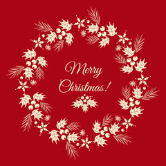 Merry Christmas. Round vintage frame made of snowflakes, holly and spruce. In red and white colors. Retro font. For posters, postcards, banners, design elements, printing on fabric.