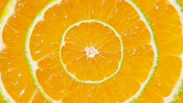 Zooming mandarin slices in seamless loop background. Abstract background with fresh fruit. Exotic food concept illustration