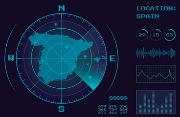 Spain Map Display With Target Radar and Sonar In Digital Monitor - obrazy, fototapety, plakaty