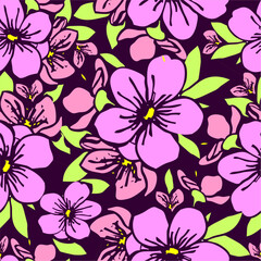 seamless pattern of pink silhouettes of flowers on a purple background, texture, design