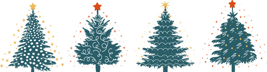 set of christmas, new year tree in flat style, isolated vector