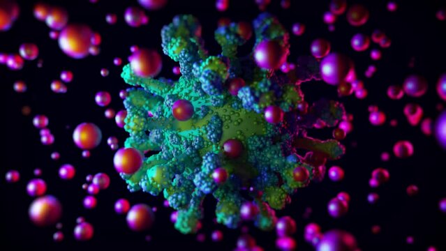 4k rotate animated influenza virus with flying bubbles and black lights in background