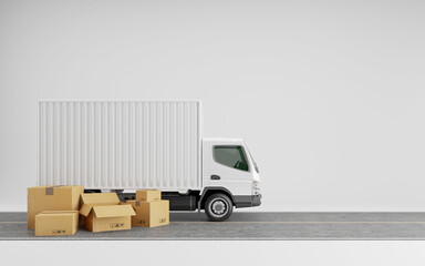 Delivery truck with cardboard boxes and road.Transportation shipment.3d rendering