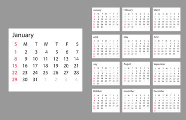 Calendar 2023 year. Vector illustration. The week starts on Sunday. Vector illustration.