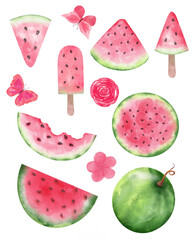 A set of watermelons, pieces of watermelons, as well as watermelon popsicles, red butterflies and flowers. Separate watercolor elements on a white background, hand drawn.
