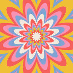 Trippy Infinite Flower optical illusion background design in bright groovy colors. Contour vector illustration.