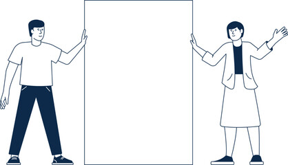Man and woman hold blank big paper sheet