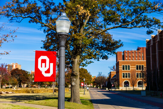 University of Oklahoma banner with logo, on campus in Norman, OK