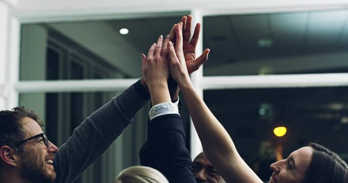 High five, success and business people in night office after complete or finish task. Celebration, teamwork and support of group of employees working overtime celebrating goals or target achievement.