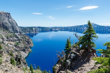 Amazing view of volcanic Crater Lake with blue transparent water in National Park Oregon, US