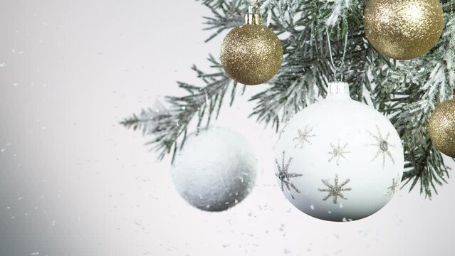 Super slow motion of falling snow with christmas decoration still life. Filmed on high speed cinema camera, 1000 fps.