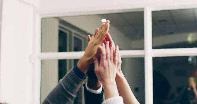Business people, team and hands together for unity, trust or agreement in celebration at workplace. Group hand in high five, teamwork motivation or solidarity for support success or community meeting