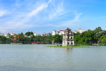 Fototapeta na wymiar View of Hoan Kiem lake located in the center of Hanoi, Vietnam.