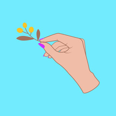 Woman's hand holds a branch with yellow berries. Spring picture. Golden berries on a blue background. Vector illustration in flat style.