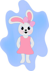 Bunny girl in a pink dress and a bow on a blue background. Symbol of 2023. Vector illustration.