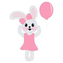 Bunny girl in a pink dress and a bow with a balloon on a white background. Symbol of 2023. Vector illustration.