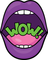 Wow pop art sticker with open woman mouth